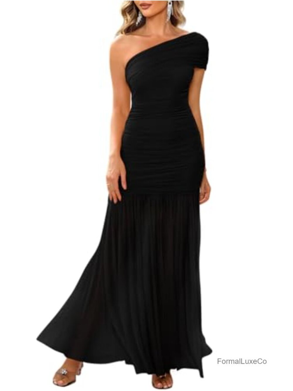 One Shoulder Sleeveless Maxi Dress Mesh Ruched Split Hem Formal Evening